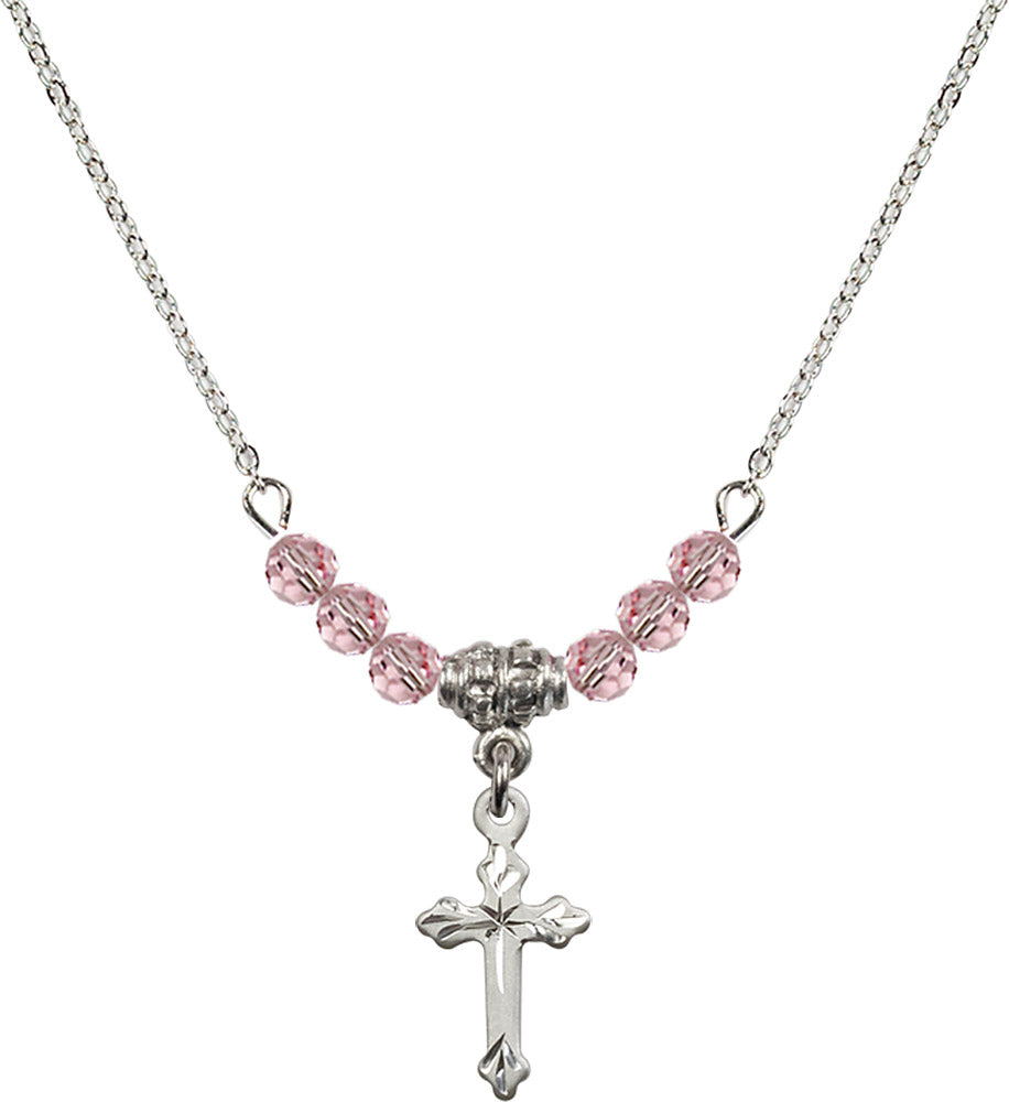 Sterling Silver Cross Birthstone Necklace with Light Rose Beads - 2531