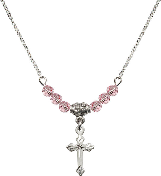 Sterling Silver Cross Birthstone Necklace with Light Rose Beads - 2531