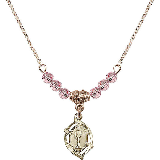 14kt Gold Filled Communion Birthstone Necklace with Light Rose Beads - 3019