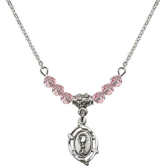Sterling Silver Communion Birthstone Necklace with Light Rose Beads - 3019