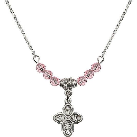 Sterling Silver 4-Way Birthstone Necklace with Light Rose Beads - 3143