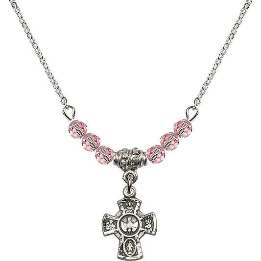 Sterling Silver 5-Way Birthstone Necklace with Light Rose Beads - 3145