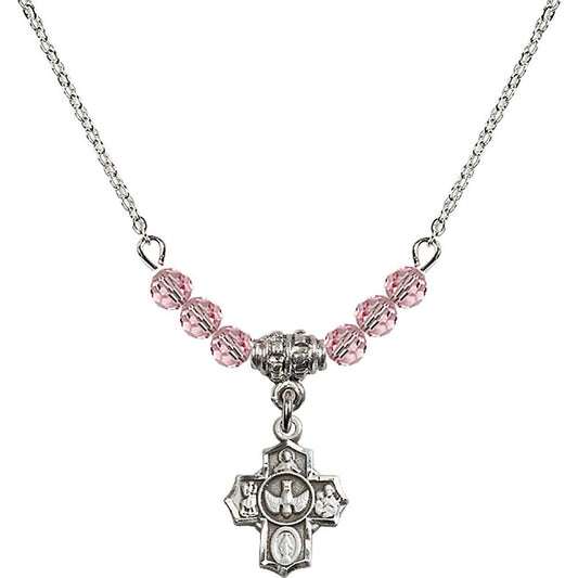 Sterling Silver 5-Way Birthstone Necklace with Light Rose Beads - 3190