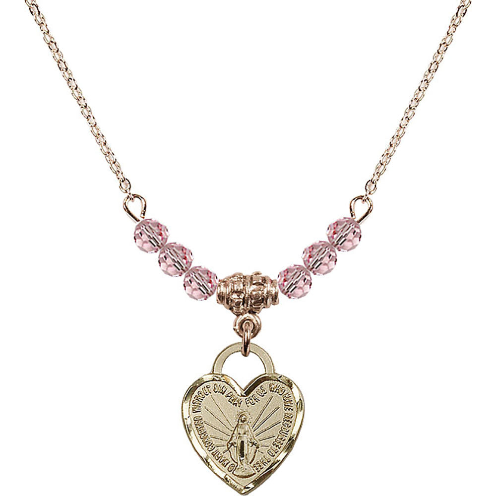14kt Gold Filled Miraculous Heart Birthstone Necklace with Light Rose Beads - 3401