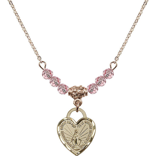 14kt Gold Filled Miraculous Heart Birthstone Necklace with Light Rose Beads - 3401
