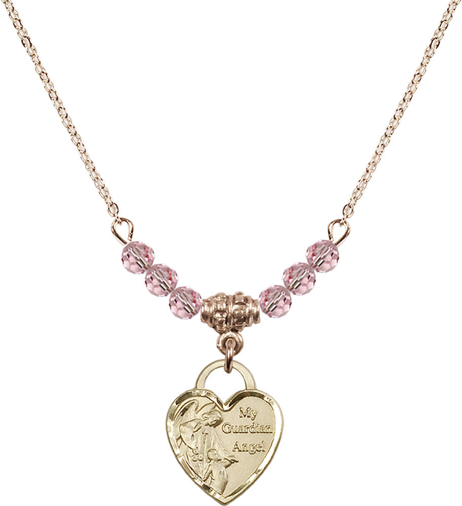 14kt Gold Filled Guardian Angel Heart Birthstone Necklace with Light Rose Beads - 3402