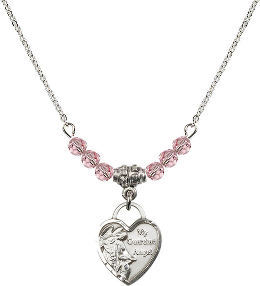 Sterling Silver Guardian Angel Heart Birthstone Necklace with Light Rose Beads - 3402