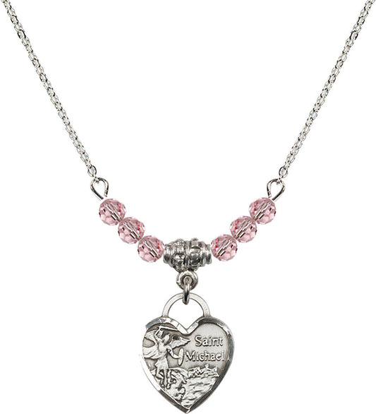 Sterling Silver Saint Michael Heart Birthstone Necklace with Light Rose Beads - 3403