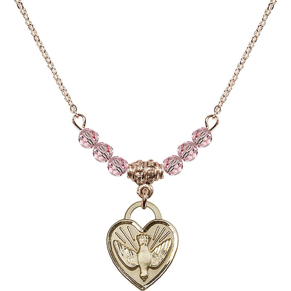 14kt Gold Filled Confirmation Heart Birthstone Necklace with Light Rose Beads - 3405