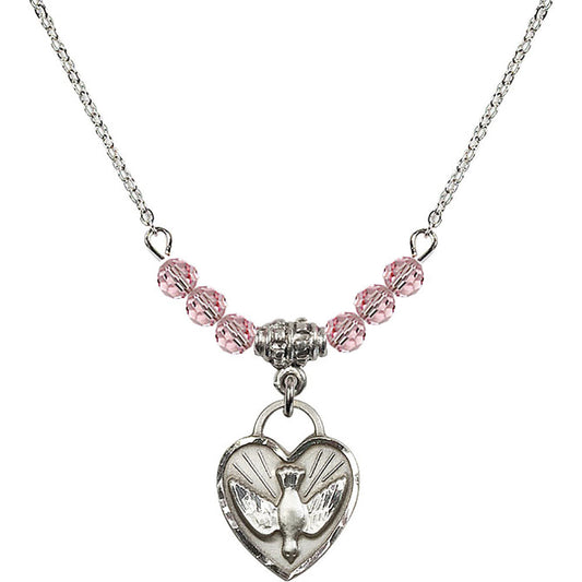 Sterling Silver Confirmation Heart Birthstone Necklace with Light Rose Beads - 3405