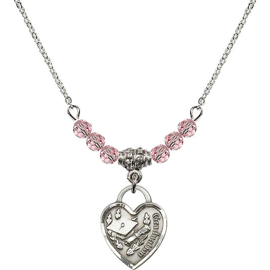 Sterling Silver Graduation Heart Birthstone Necklace with Light Rose Beads - 3406