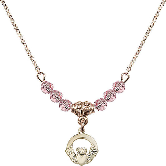 14kt Gold Filled Claddagh Birthstone Necklace with Light Rose Beads - 4113