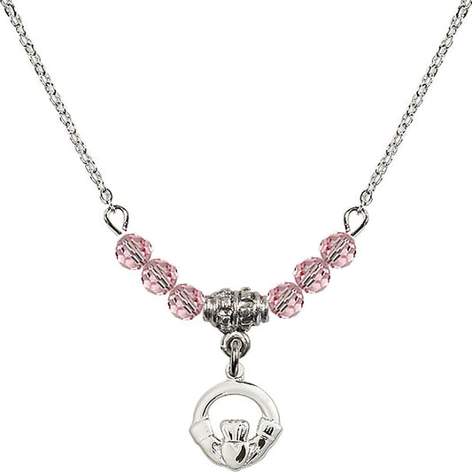 Sterling Silver Claddagh Birthstone Necklace with Light Rose Beads - 4113