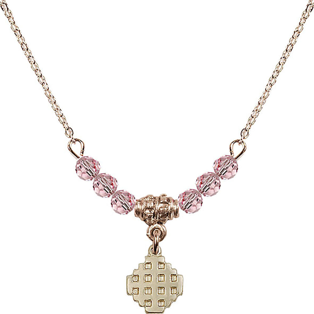 14kt Gold Filled Jerusalem Cross Birthstone Necklace with Light Rose Beads - 4118