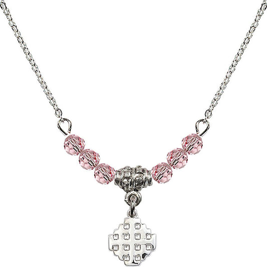 Sterling Silver Jerusalem Cross Birthstone Necklace with Light Rose Beads - 4118