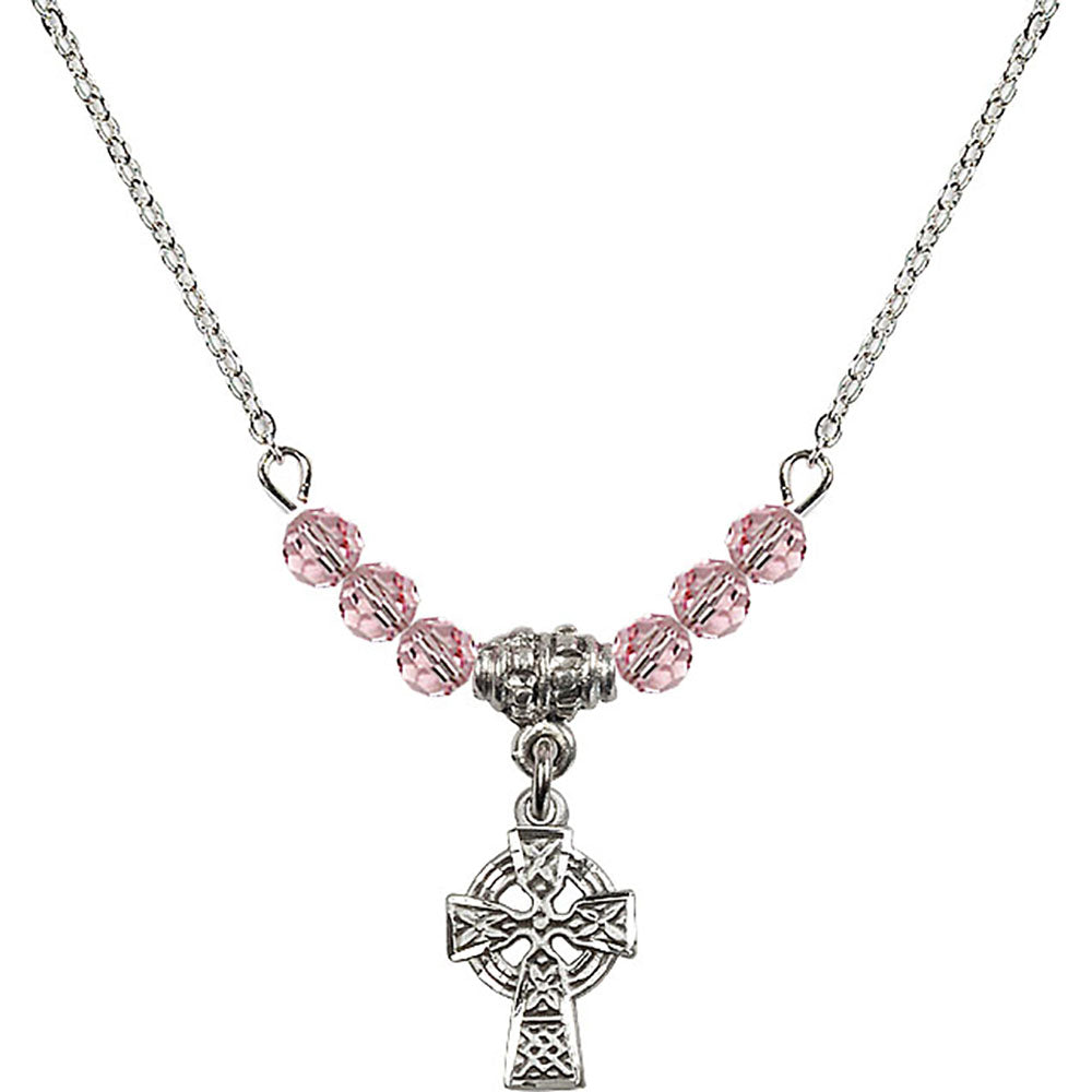 Sterling Silver Celtic Cross Birthstone Necklace with Light Rose Beads - 4133