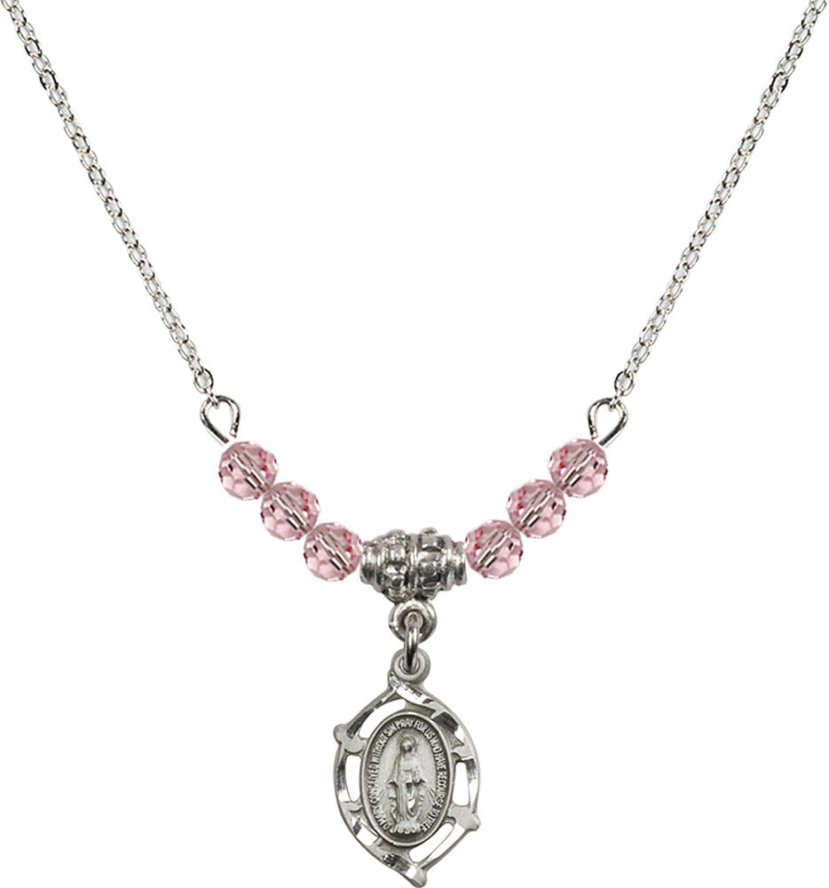 Sterling Silver Miraculous Birthstone Necklace with Light Rose Beads - 4152