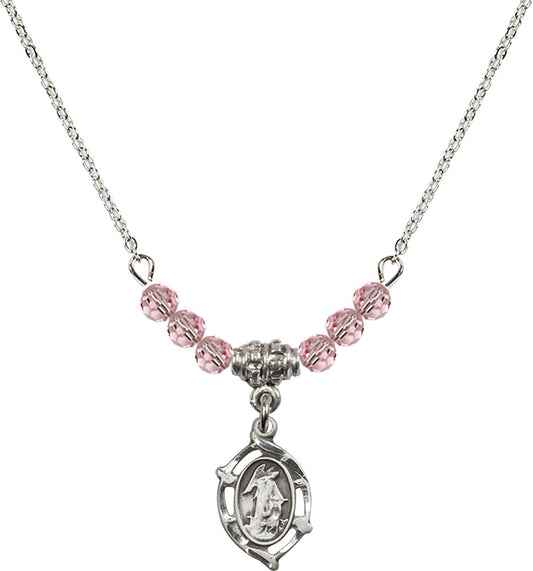 Sterling Silver Guardian Angel Birthstone Necklace with Light Rose Beads - 4154