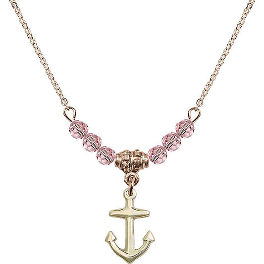 14kt Gold Filled Anchor Birthstone Necklace with Light Rose Beads - 4158
