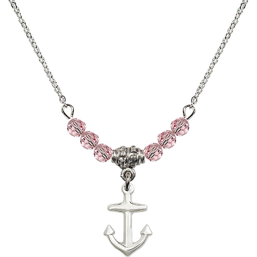 Sterling Silver Anchor Birthstone Necklace with Light Rose Beads - 4158