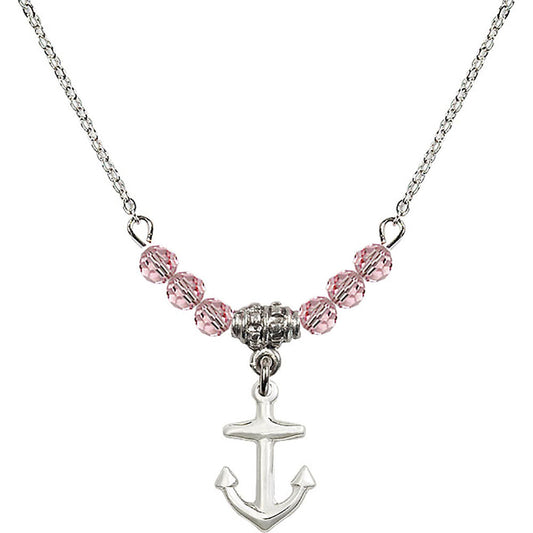 Sterling Silver Anchor Birthstone Necklace with Light Rose Beads - 4158