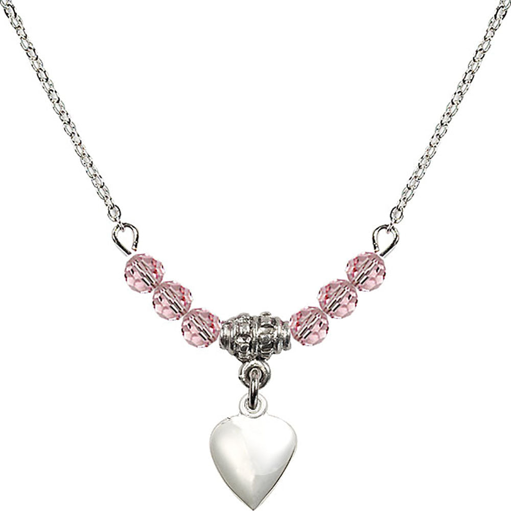 Sterling Silver Heart Birthstone Necklace with Light Rose Beads - 4158