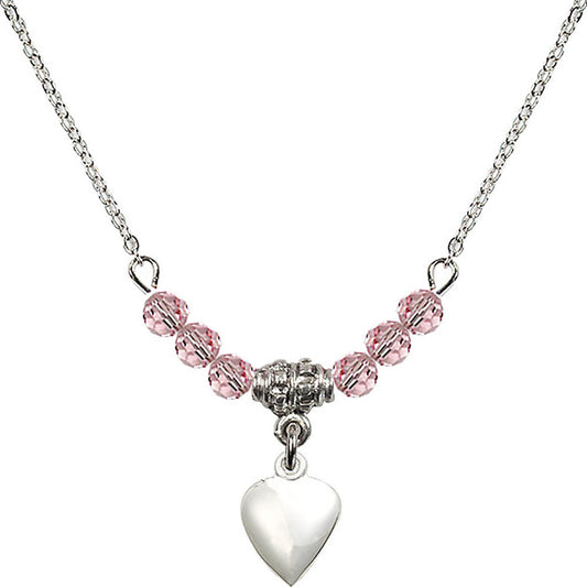 Sterling Silver Heart Birthstone Necklace with Light Rose Beads - 4158