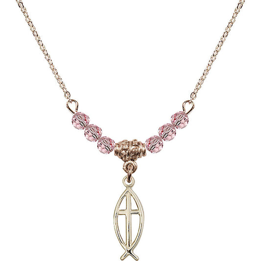 14kt Gold Filled Fish / Cross Birthstone Necklace with Light Rose Beads - 4251