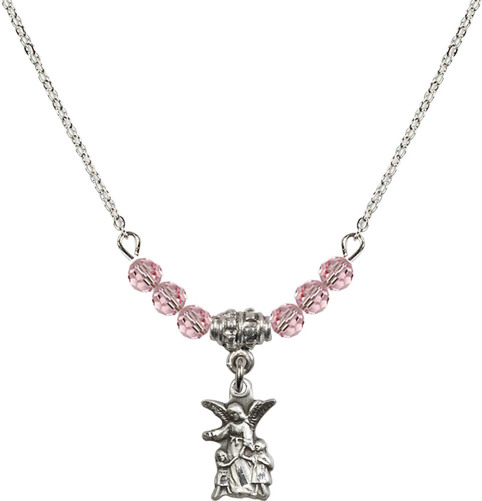 Sterling Silver Guardian Angel Birthstone Necklace with Light Rose Beads - 4253