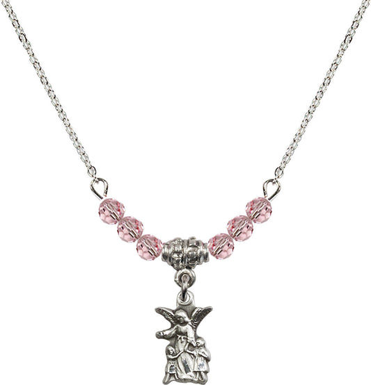 Sterling Silver Guardian Angel Birthstone Necklace with Light Rose Beads - 4253