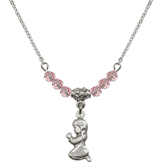 Sterling Silver Praying Girl Birthstone Necklace with Light Rose Beads - 4262