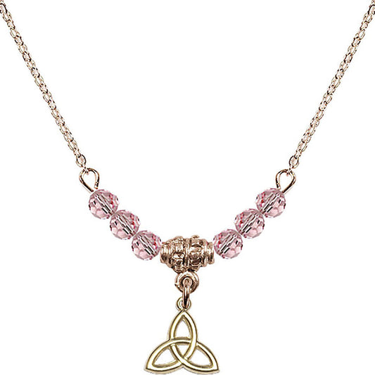 14kt Gold Filled Trinity Irish Knot Birthstone Necklace with Light Rose Beads - 5100