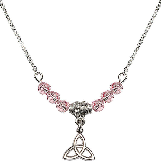 Sterling Silver Trinity Irish Knot Birthstone Necklace with Light Rose Beads - 5100