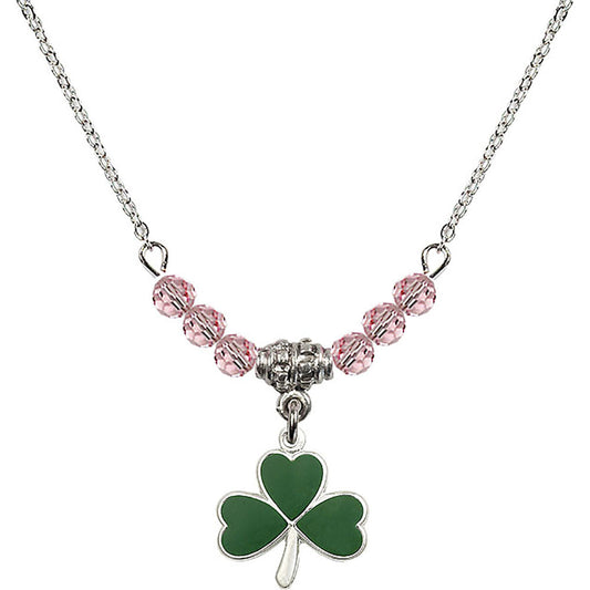 Sterling Silver Shamrock Birthstone Necklace with Light Rose Beads - 5243