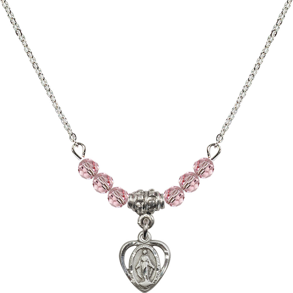 Sterling Silver Miraculous Birthstone Necklace with Light Rose Beads - 5401