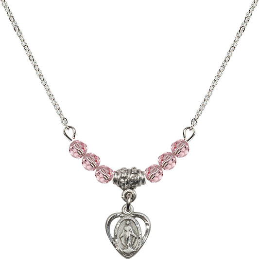 Sterling Silver Miraculous Birthstone Necklace with Light Rose Beads - 5401