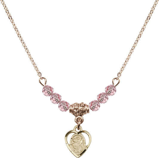 14kt Gold Filled Saint Christopher Birthstone Necklace with Light Rose Beads - 5403