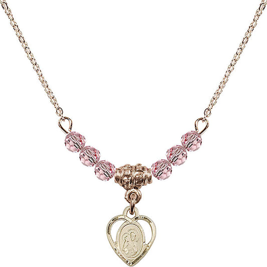 14kt Gold Filled Saint Ann Birthstone Necklace with Light Rose Beads - 5414