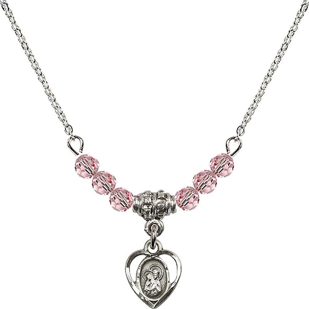 Sterling Silver Saint Ann Birthstone Necklace with Light Rose Beads - 5414