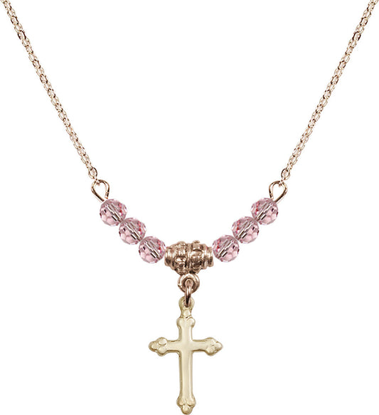 14kt Gold Filled Cross Birthstone Necklace with Light Rose Beads - 5415