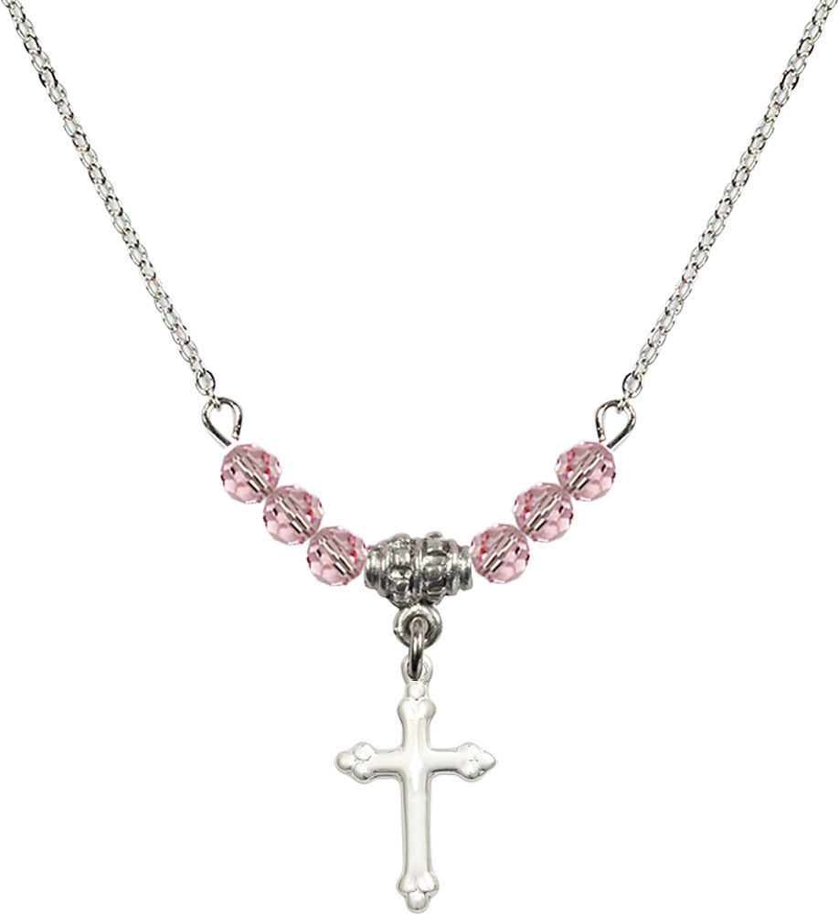 Sterling Silver Cross Birthstone Necklace with Light Rose Beads - 5415