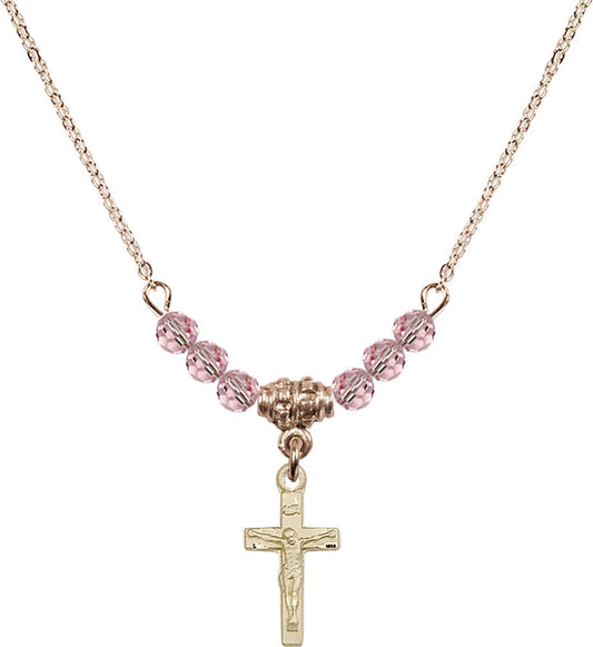 14kt Gold Filled Crucifix Birthstone Necklace with Light Rose Beads - 5417