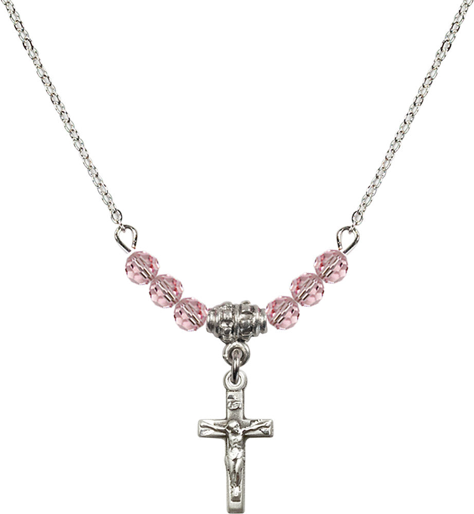Sterling Silver Crucifix Birthstone Necklace with Light Rose Beads - 5417