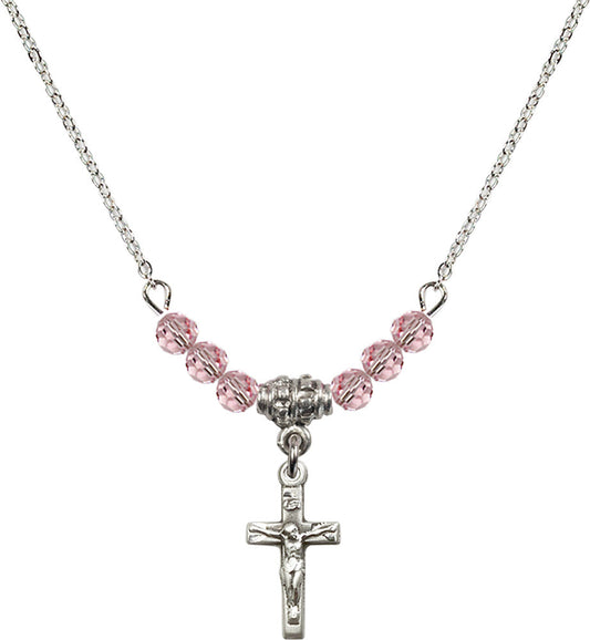 Sterling Silver Crucifix Birthstone Necklace with Light Rose Beads - 5417