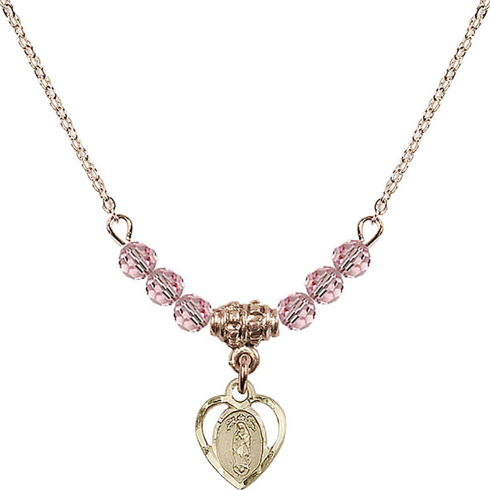 14kt Gold Filled Our Lady of Guadalupe Birthstone Necklace with Light Rose Beads - 5422