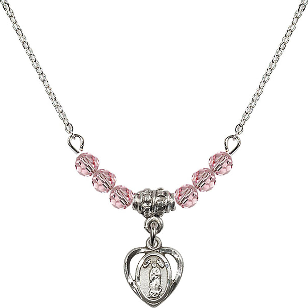 Sterling Silver Our Lady of Guadalupe Birthstone Necklace with Light Rose Beads - 5422