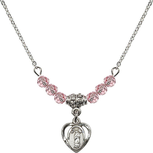 Sterling Silver Our Lady of Guadalupe Birthstone Necklace with Light Rose Beads - 5422