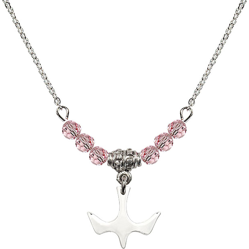 Sterling Silver Holy Spirit Birthstone Necklace with Light Rose Beads - 5431