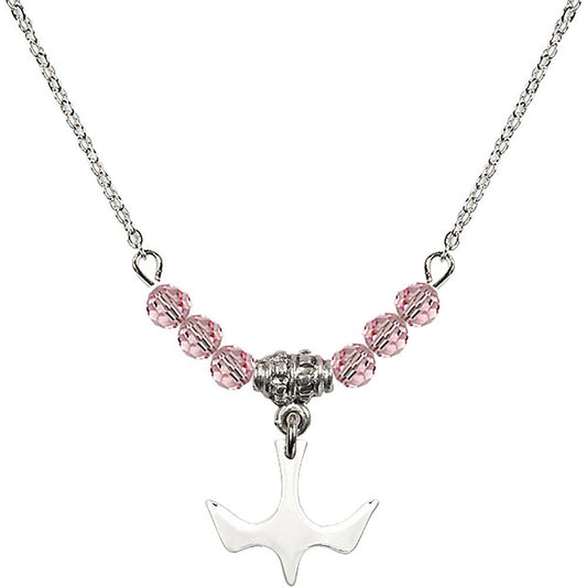 Sterling Silver Holy Spirit Birthstone Necklace with Light Rose Beads - 5431