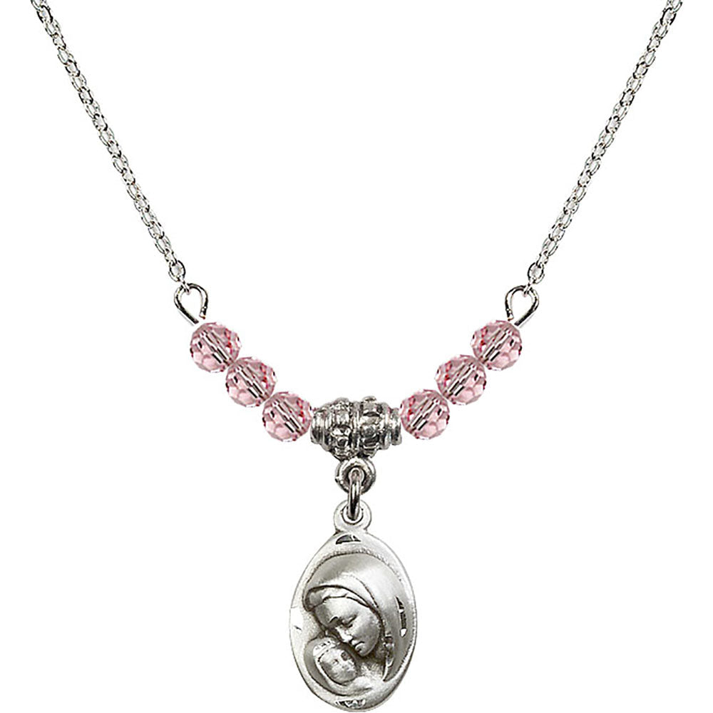Sterling Silver Madonna & Child Birthstone Necklace with Light Rose Beads - 5447